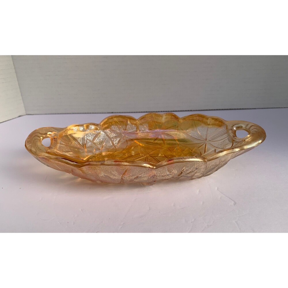 1970s Marigold Oval Glass Pickle Dish Handles Amber Indiana Glass, Lily Pons Pat